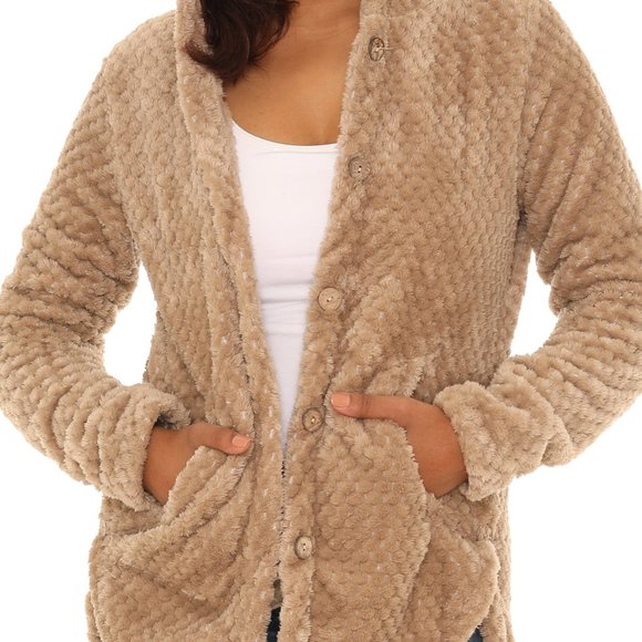 Textured Plush Button-Up Hoodie With Pocket - Picture 2 of 5